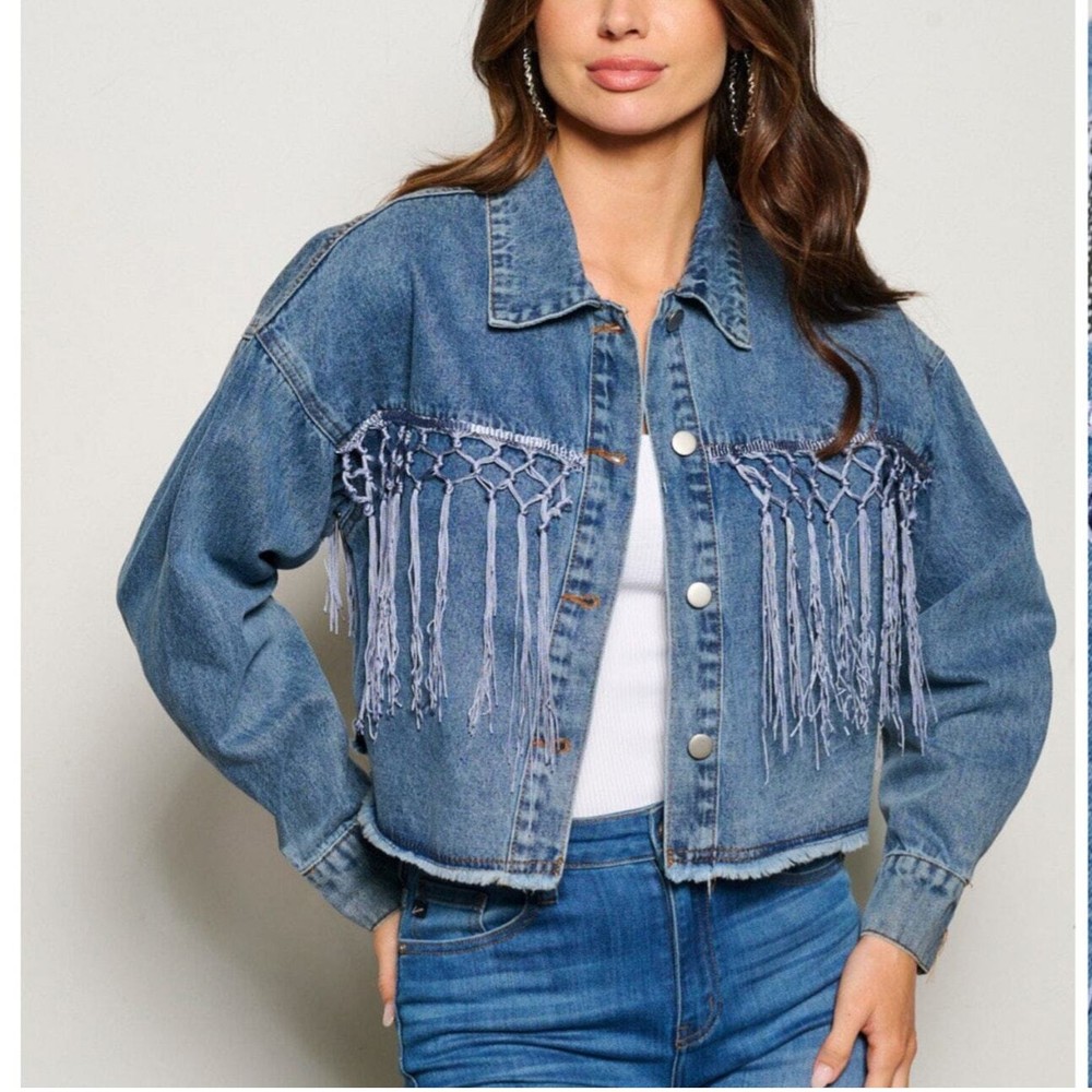 Just In-HOWDY Blue Jean Denim Jacket Sequins & Fringe  Button Front-Medium