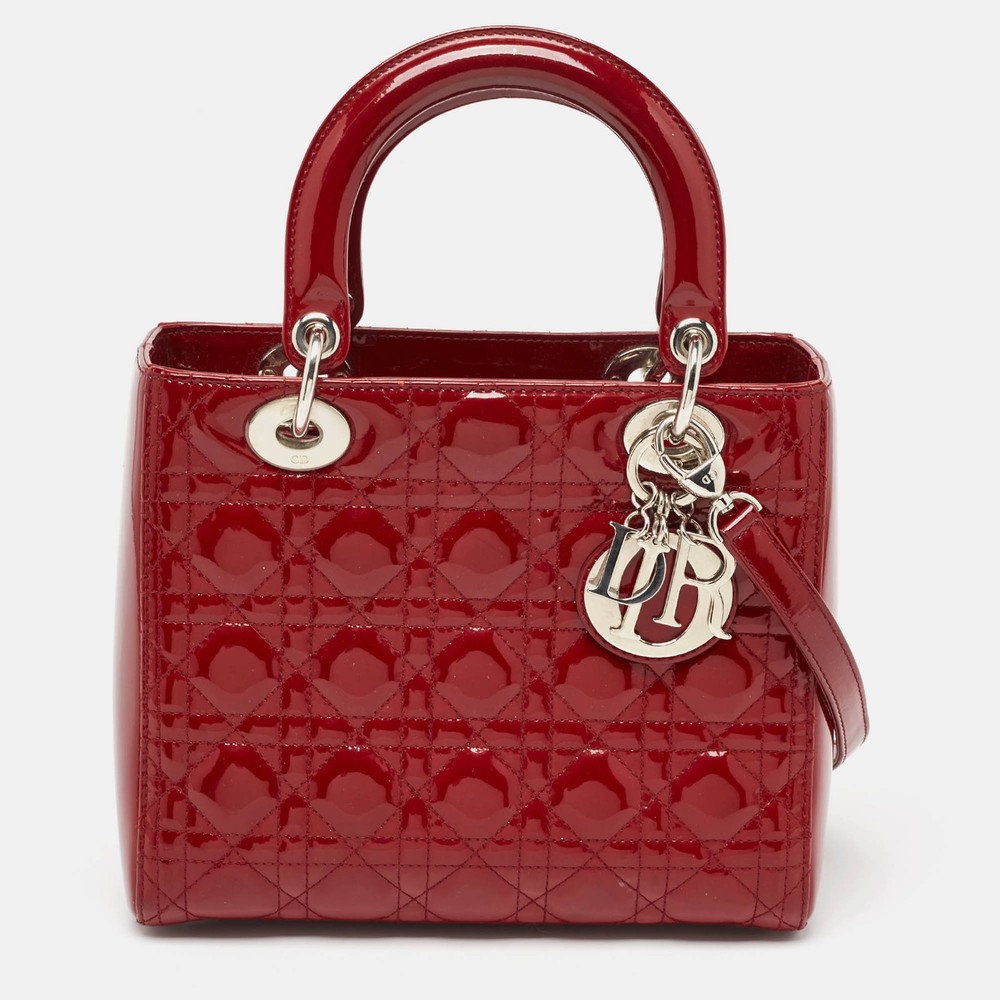 Dior Red Cannage Patent Leather Medium Lady Dior Tote Bag