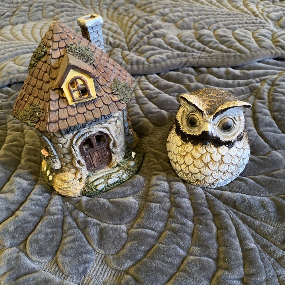 Resin and Ceramic Garden Gnome House with Owl Statues