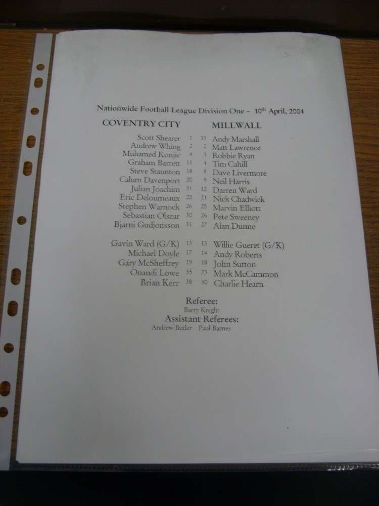 10/04/2004 Teamsheet: Coventry City v Millwall  (Single Sheet, Black & White Ver