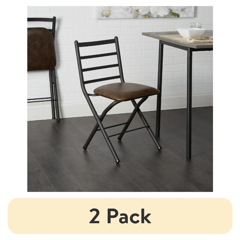 (2 pack) Mainstays Indoor Black Folding Slat Chair with Brown Vegan Leather Seat