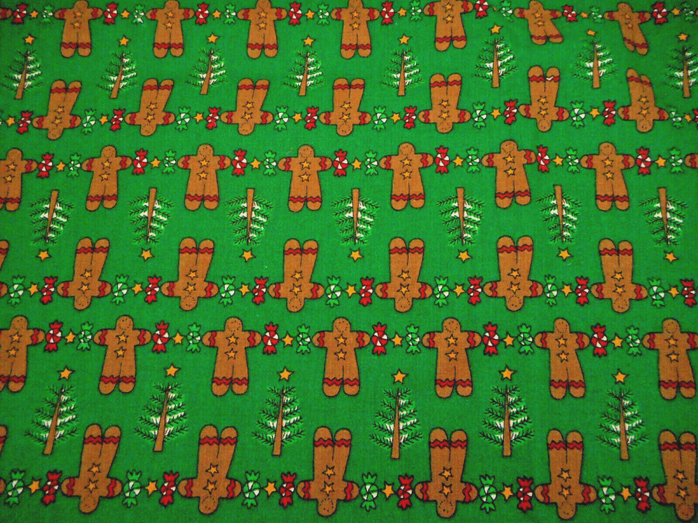 Christmas Fabric By Yard Gingerbread Men Candy Tree XMAS Green Cotton #80 Vtg #C