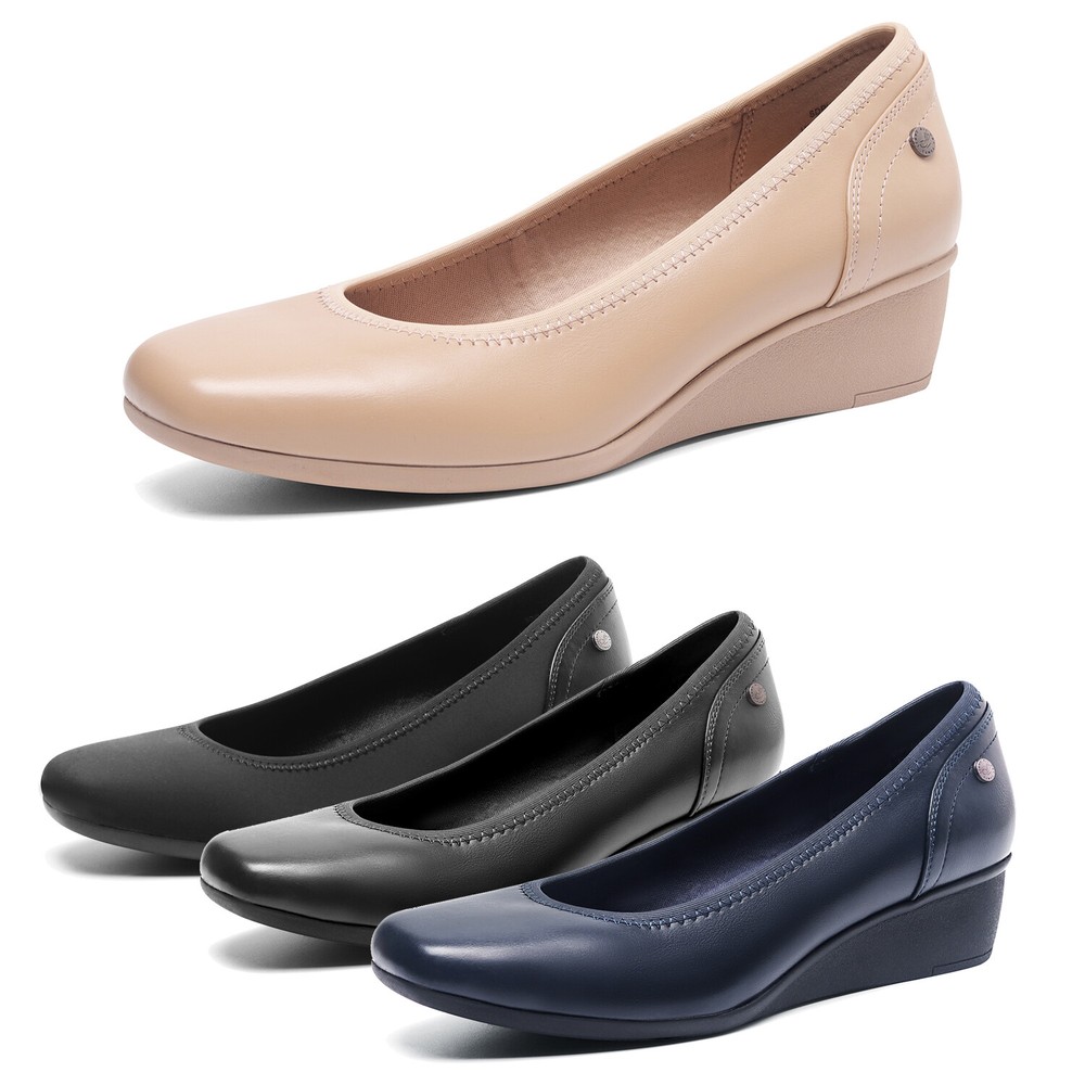 Women's Low Wedge Square Toe Slip-On Office Pumps for Work