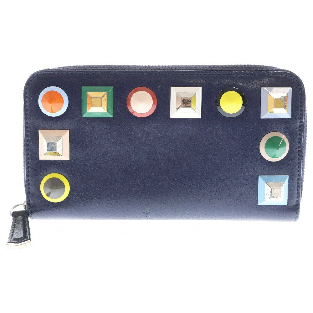 Fendi Navy Leather Studded Round Zipper Wallet 8M0299 Pre-Owned B Condition