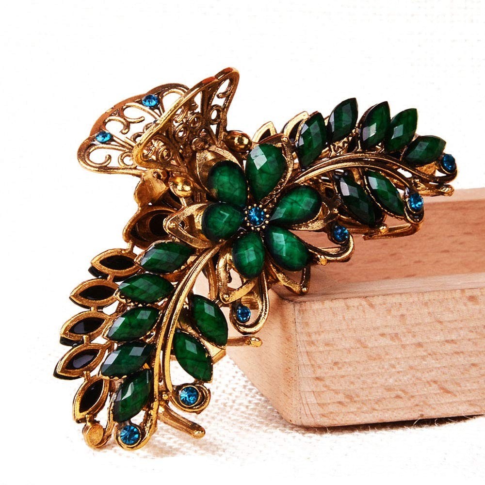 Large Metal Rhinestone Alloy Hair Claw Jaw Clip Retro Flowers Hair Clip Fancy...