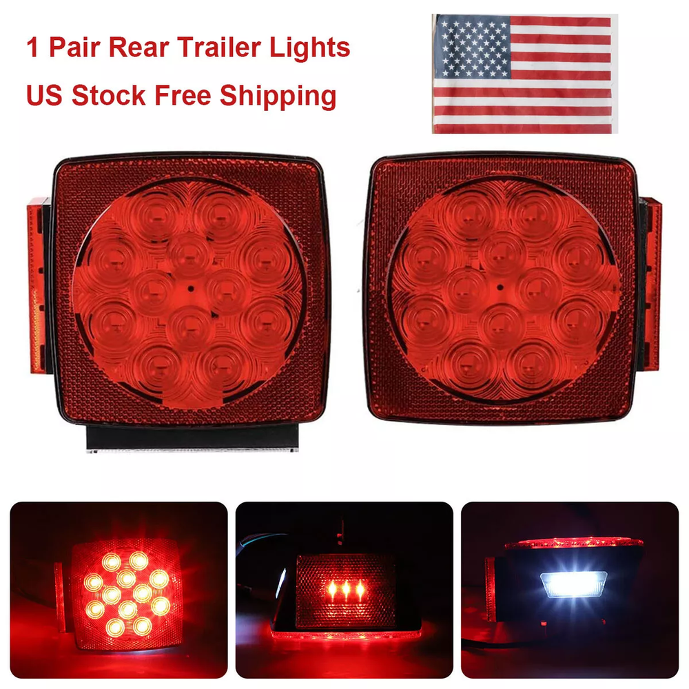 Rear LED Submersible Square Trailer Tail Lights Kit Boat Truck Waterproof 12V