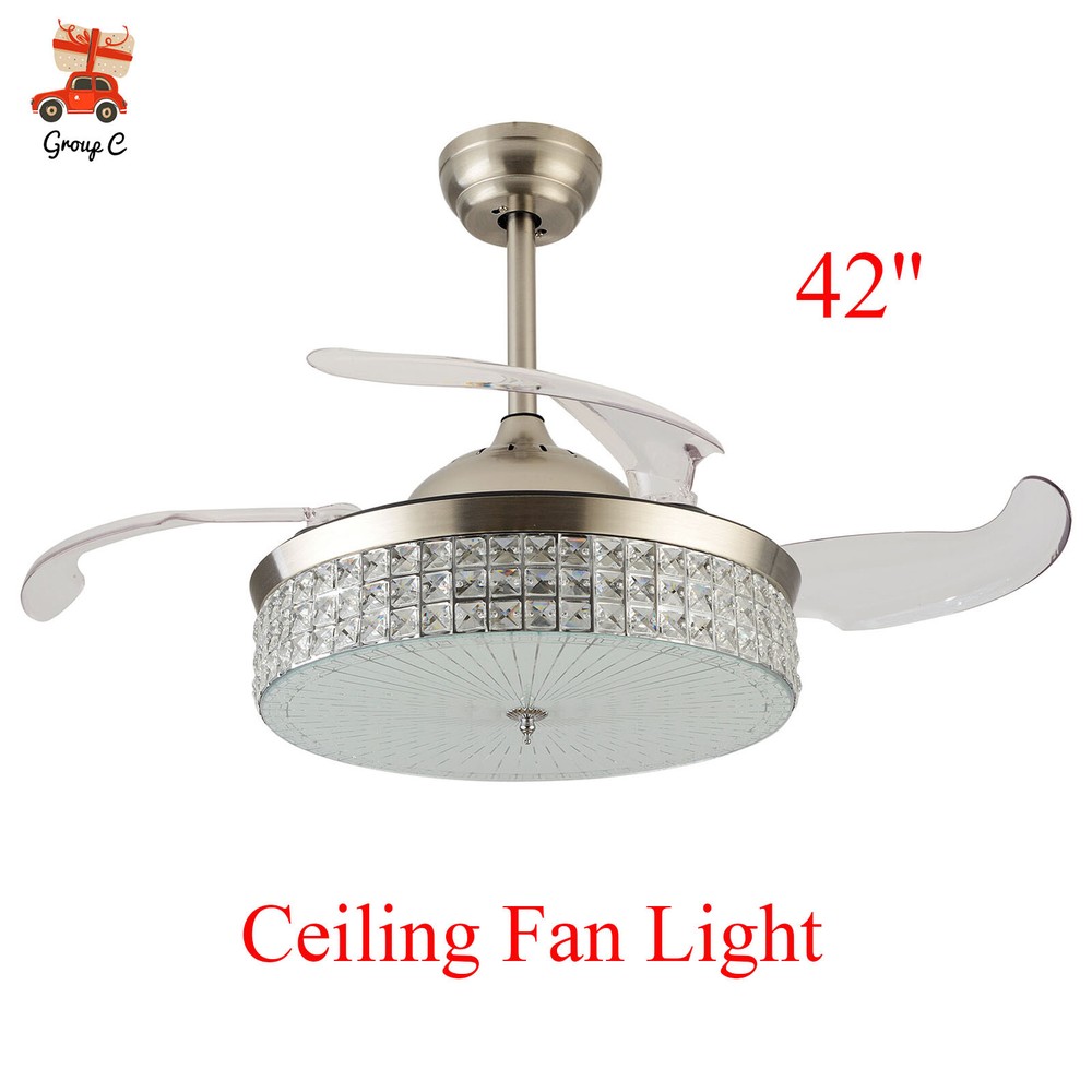 42-Inch Crystal Chandelier Ceiling Fan with Remote Retractable Blades LED Light