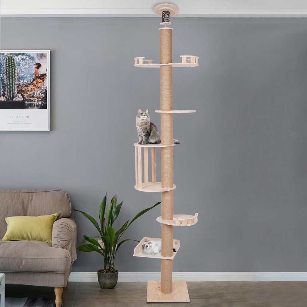5 Tier Modern Cat Tree Cat Furniture Wood Color Cat Tree Branch for Large Cat