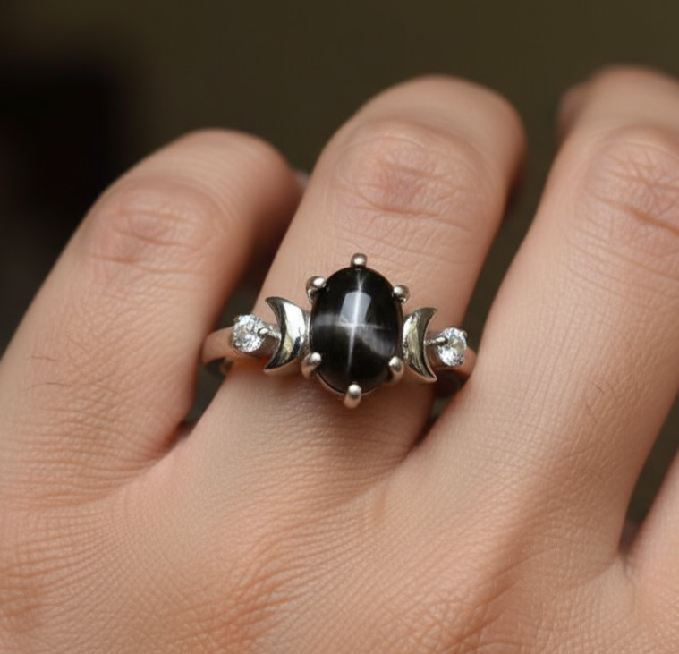 Natural Black Star Sapphire Ring Engagement Statement 925 Sterling Silver Rings
