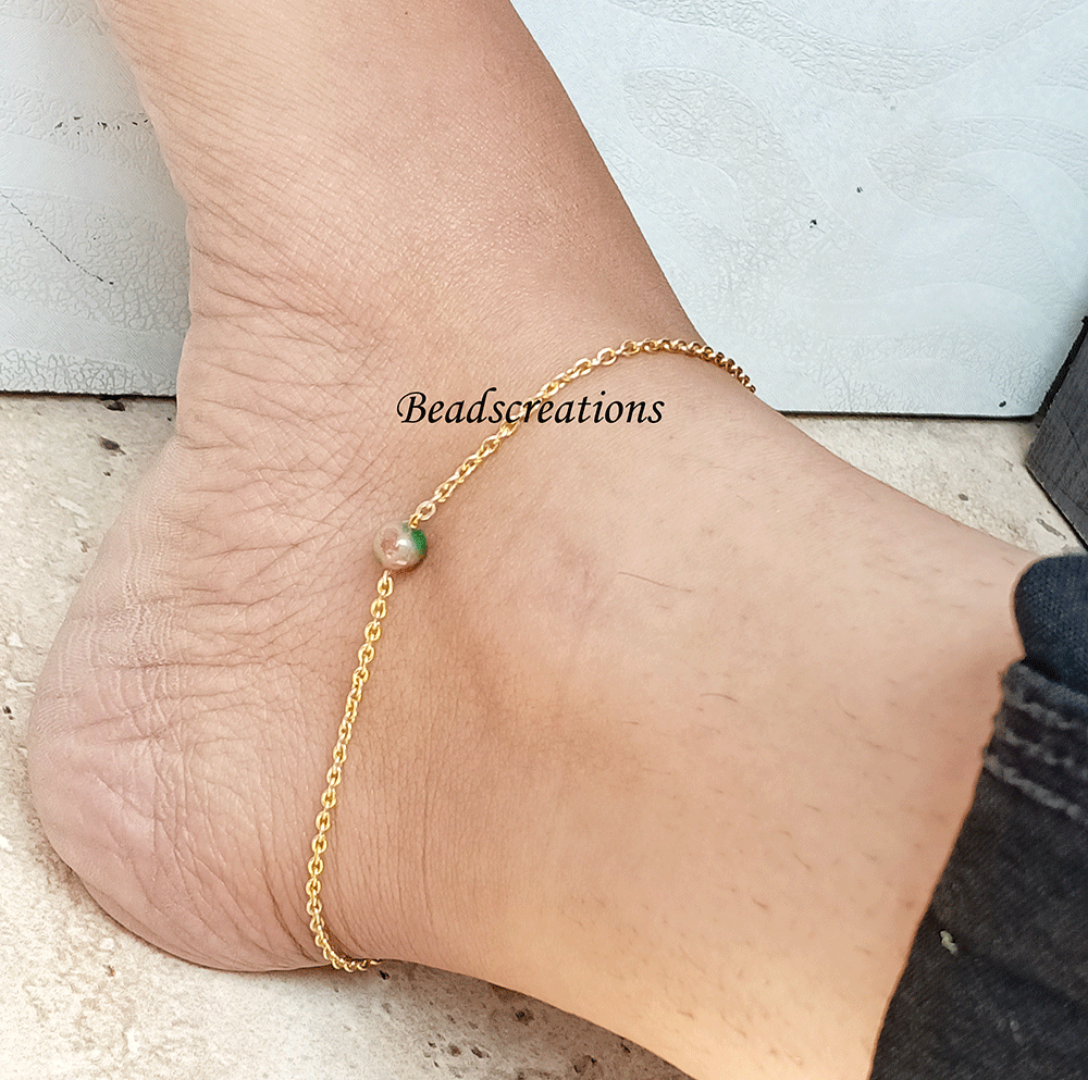 Sterling Silver Smooth Multicolor Jade Bead Chain Anklet for Christmas Gift Sale-image