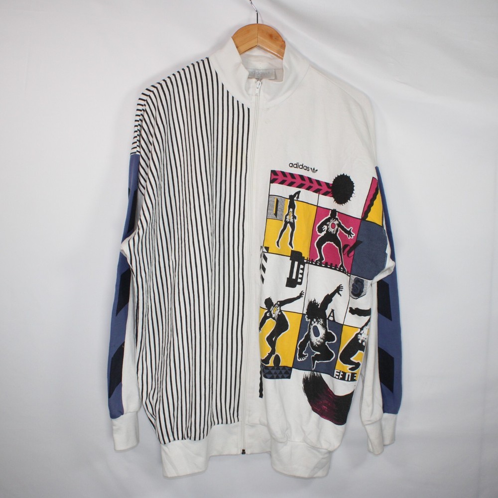 Adidas Vintage 80s Graphic Striped Sports Motion Jacket Mens XL White Full Zip