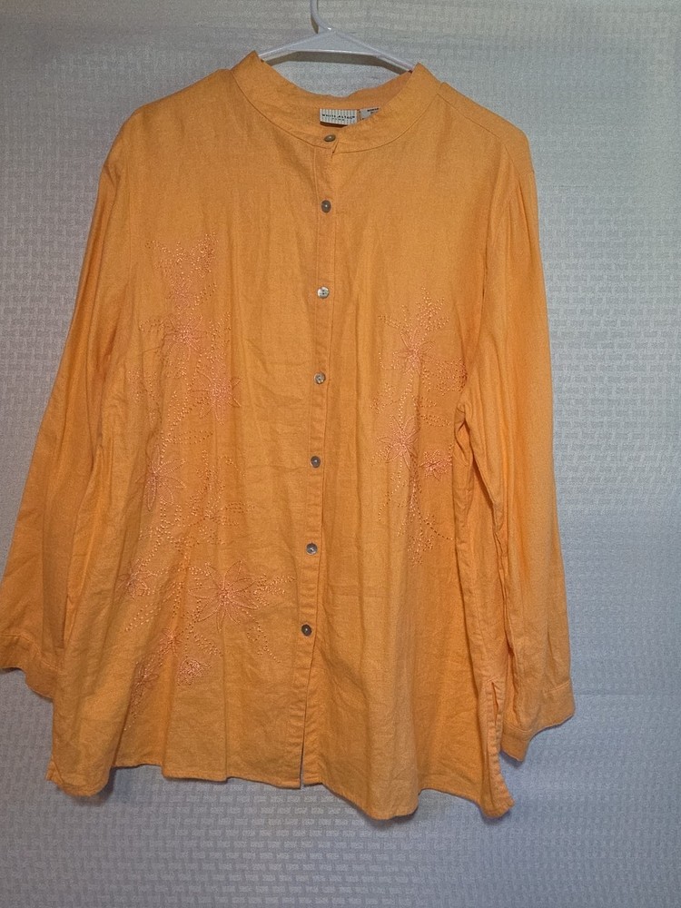 White Stag Plus Women’s 16W Blouse Orange Linen Blend Button Front Embroidered