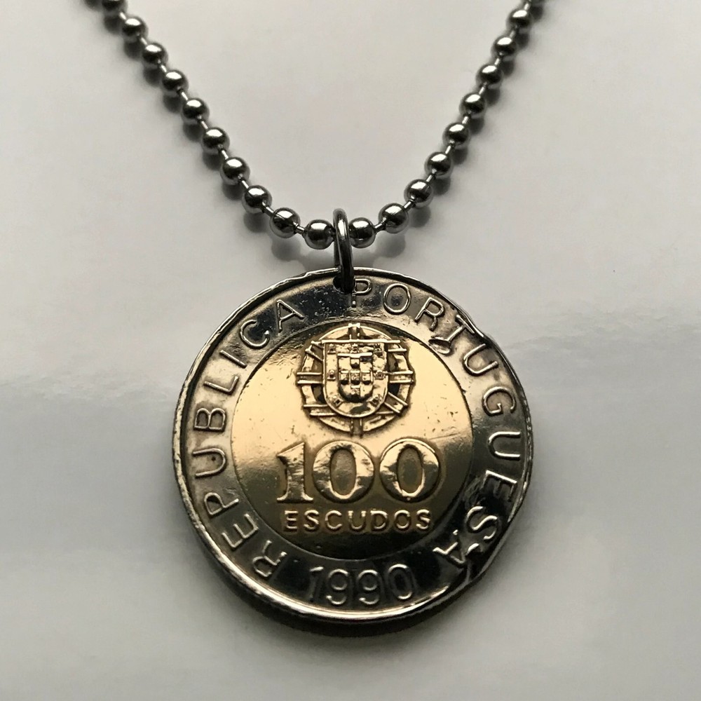 1990 Portugal 100 Escudos coin pendant Quinas castles Lisboa Porto Braga n002293