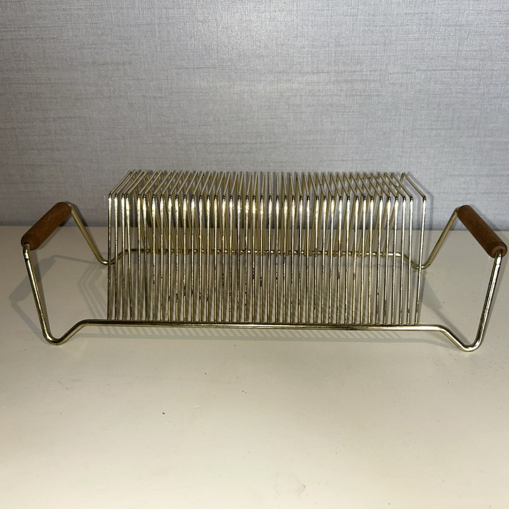 VTG 40 Slot Wire Album 45 Vinyl 78 Record Holder Rack Wooden Handles