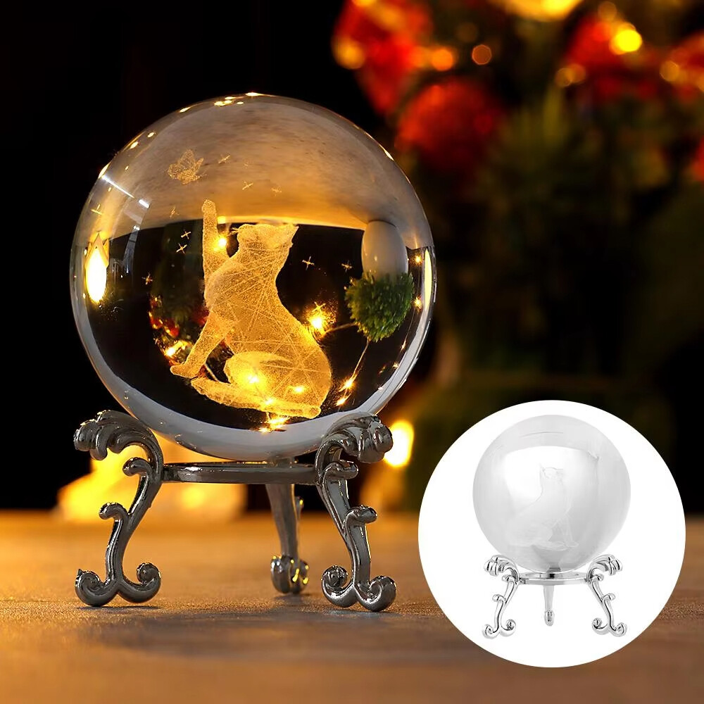 3D Crystal Cat Paperweight with Stand, Glass Cat Figurine Gift for Cat Lovers