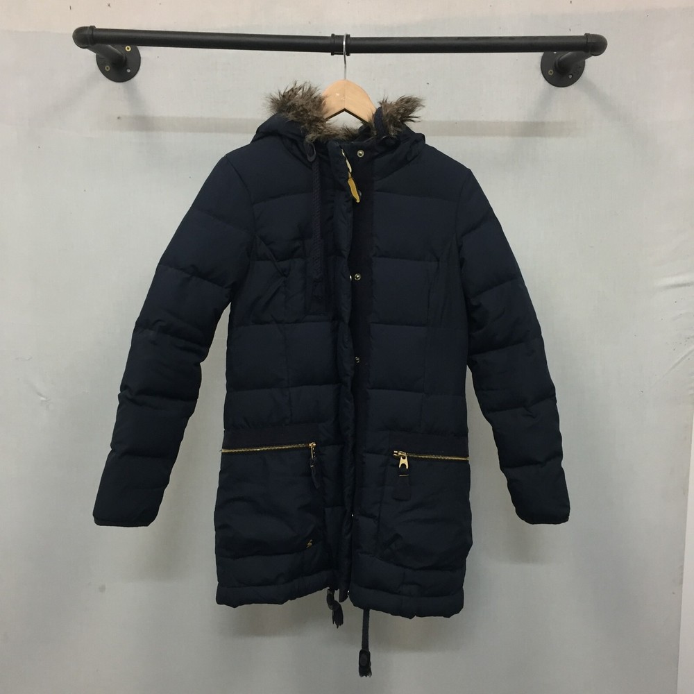 Joules Belmont Quilted Down Coat Size 10 Blue Showerproof Detachable Hood Zip