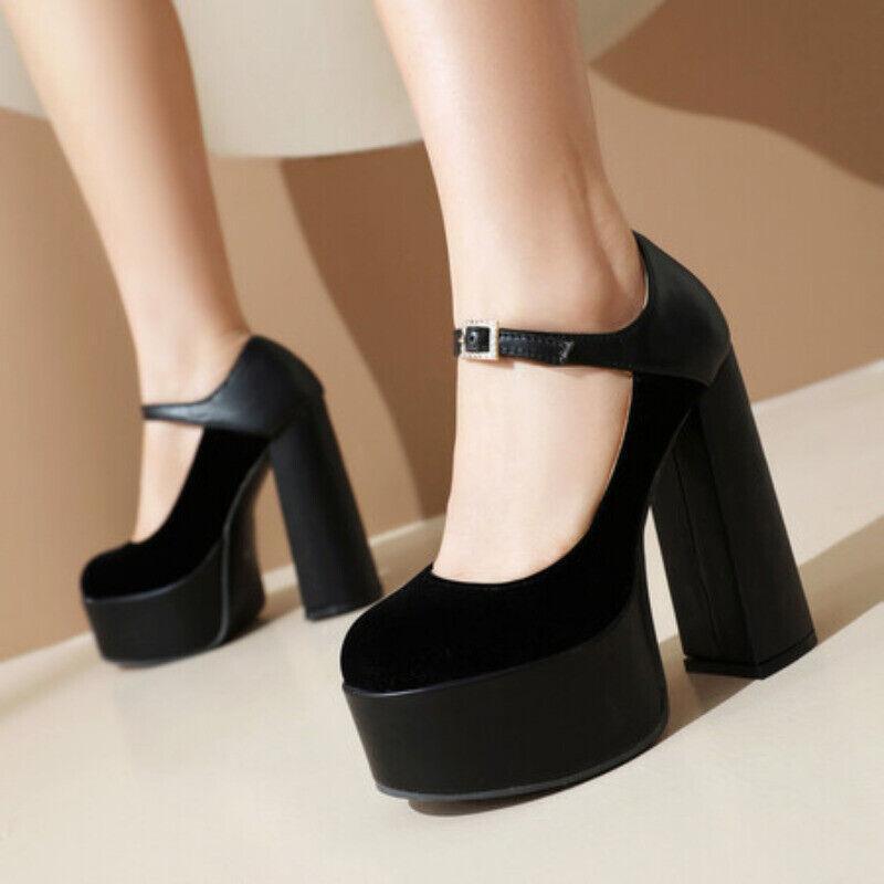 Women's Round Toe Mary Janes with Block Heels & Buckle Straps