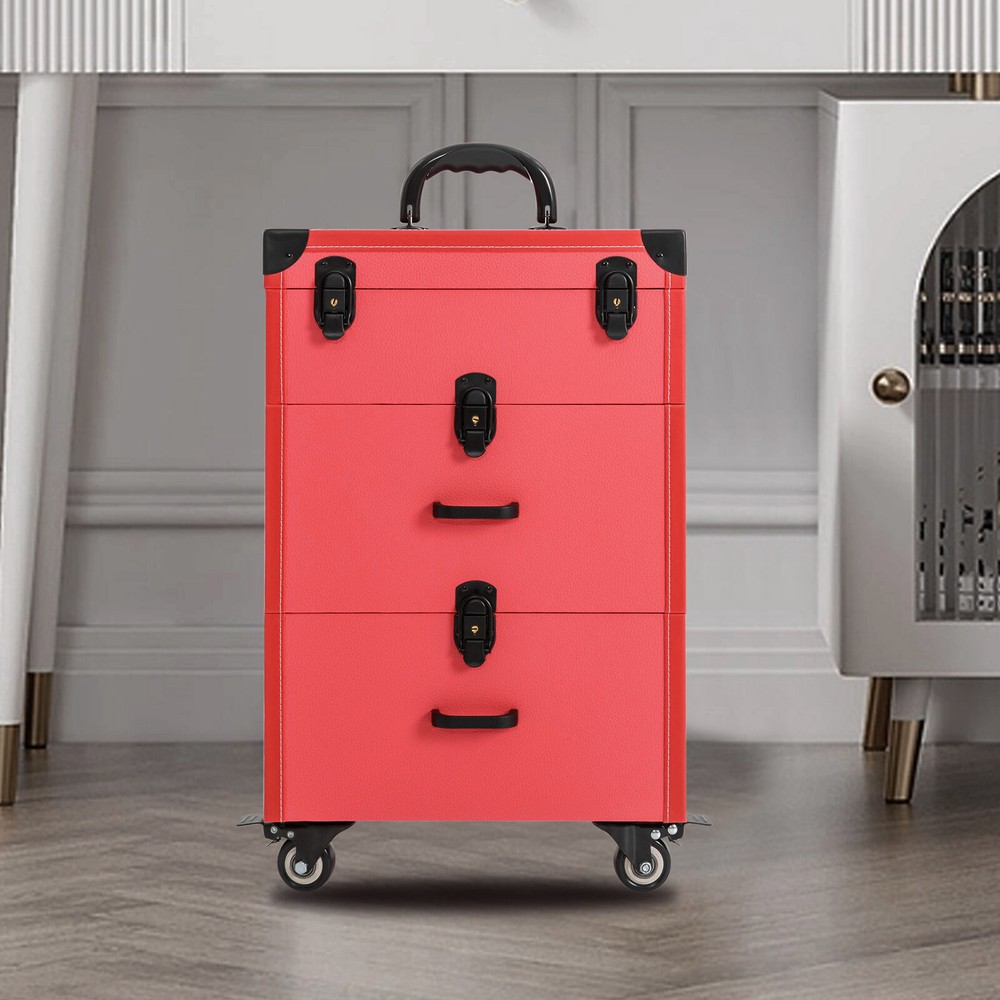 Rolling Makeup Train Case Aluminum Cosmetic Case Trolley with Drawer Lock Pink