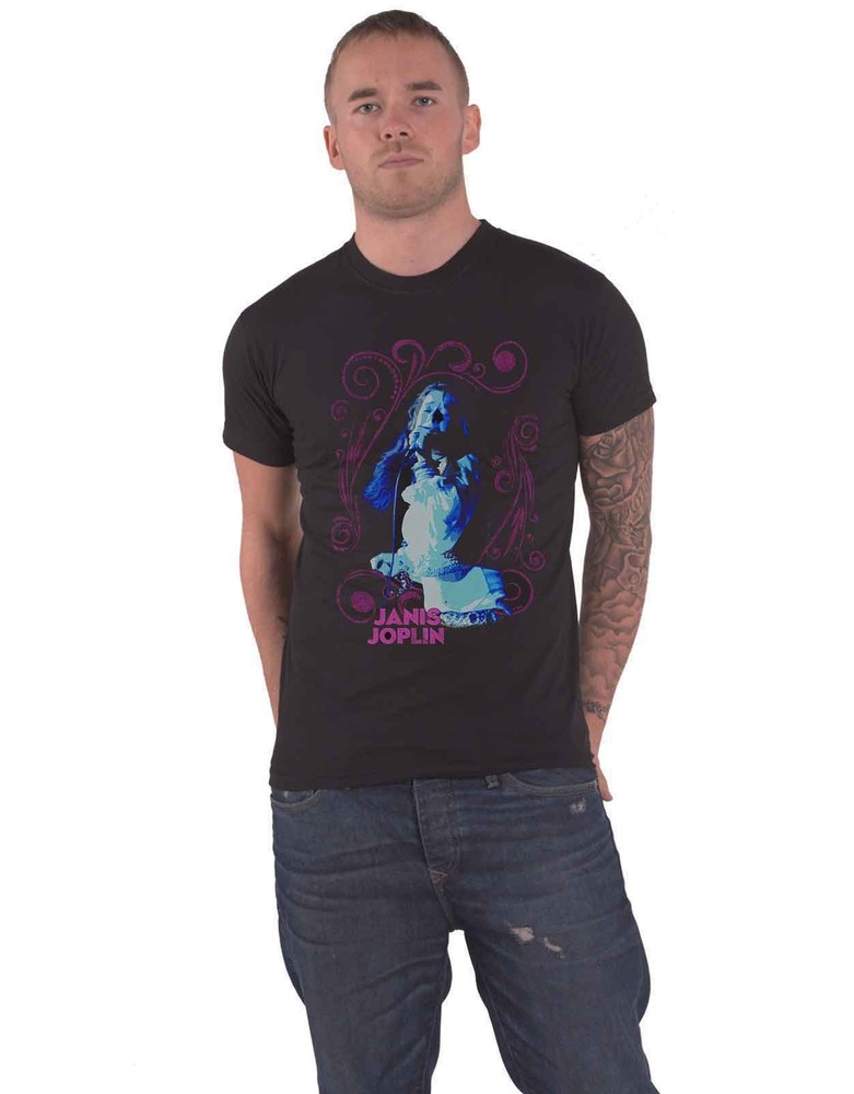 Janis Joplin Floral Frame Logo Official Black Mens T-Shirt