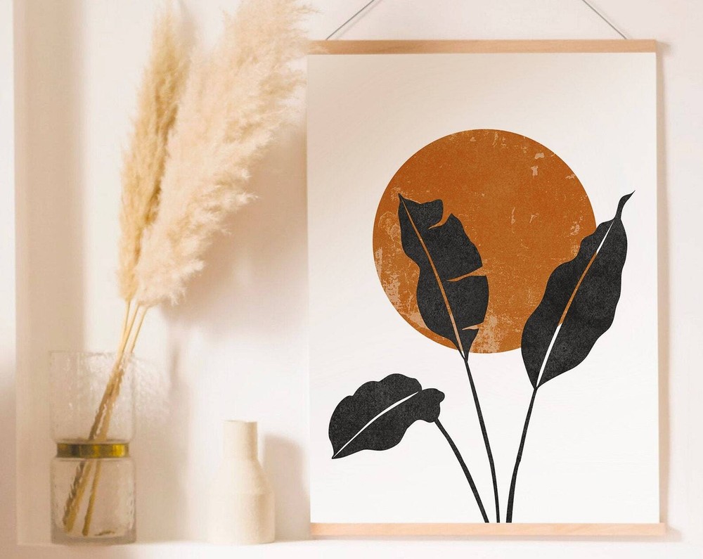 Art Mid Century Modern Art Decor Burnt Orange Wall Art Moon Wall Art Black And