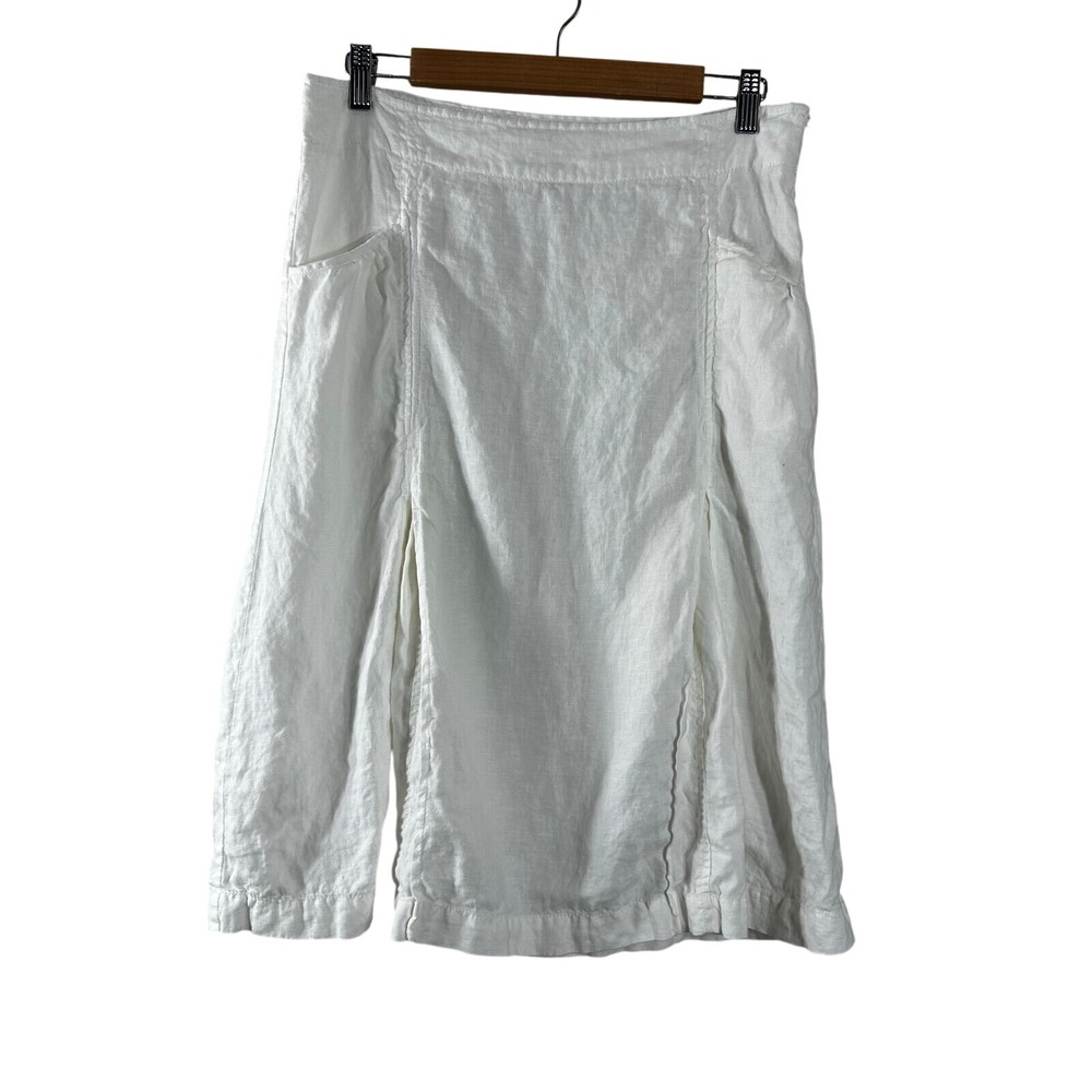 Merona Women's Skirt White 100% Linen Front Pleated Pockets Y2K Midi Size 6