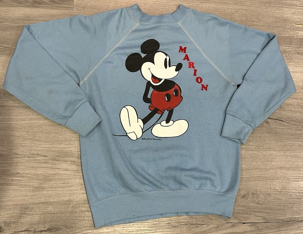 Vintage 70s Disney Blue Crew Sweatshirt Mickey Gusset M Disneyland RARE GRAIL