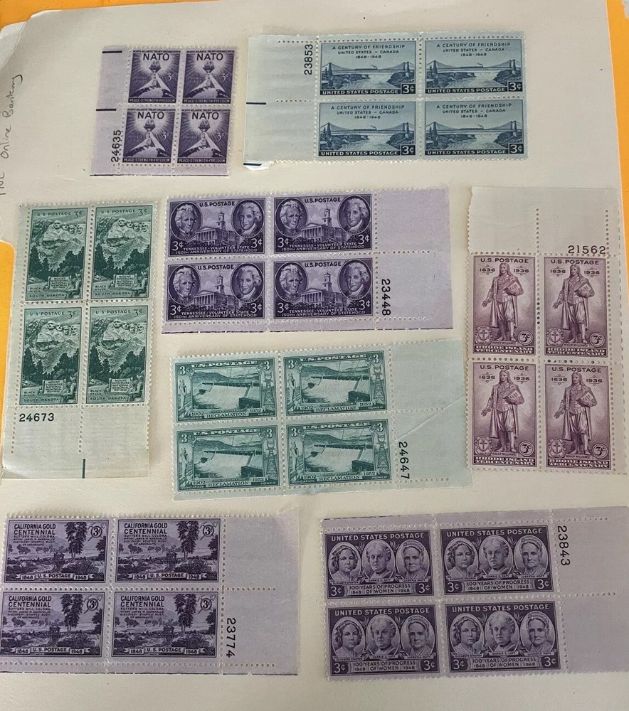 Vintage 35 US Plate Blocks 3c & 8c Stamps MNH 1940s-1970s No Duplicates