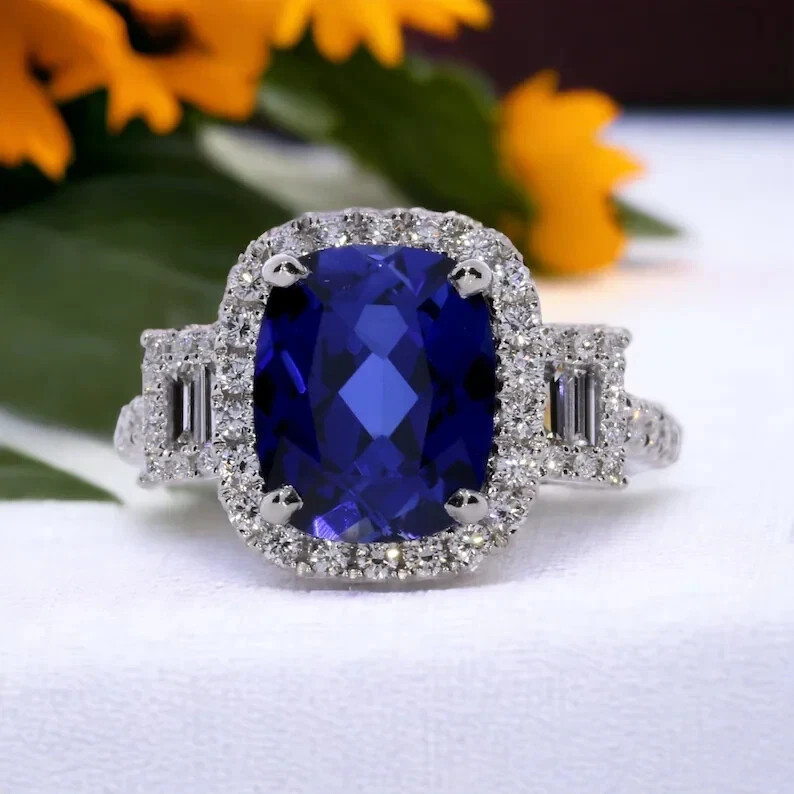 4.65 Ct Natural Blue Sapphire Diamond Anniversary Ring 14K White Gold