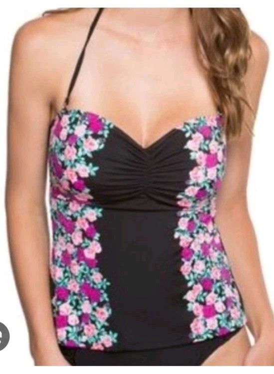 Betsey Johnson Swim Top Tankini size Large Black Pink Floral Tank NWT