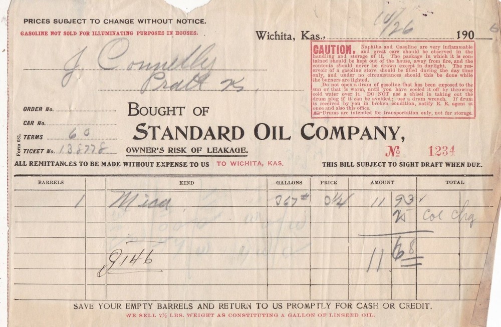 U.S. STANDARD OIL COMPANY, Wichita, Kansas. 1906 Invoice Ref 44351