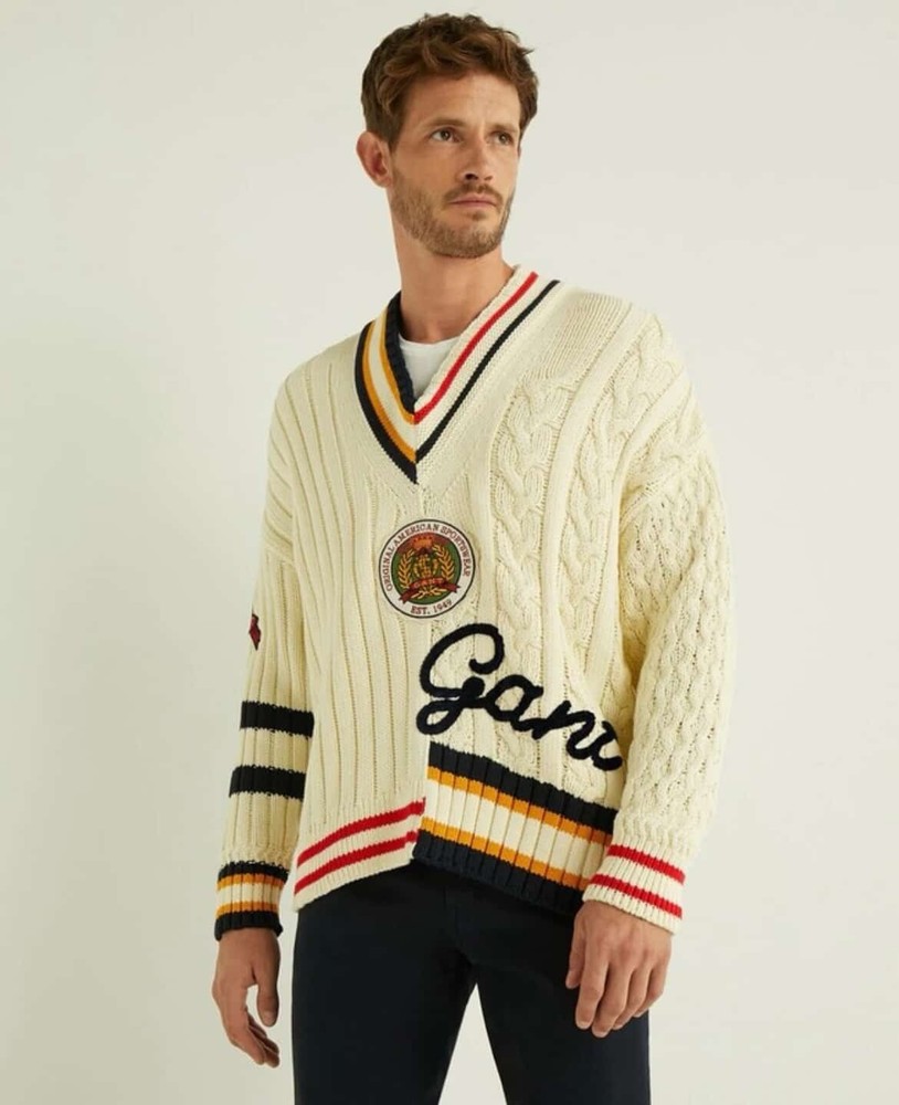 GANT Cable Knit Cricket Sweater Varsity V-Neck Crest Logo Cotton Size M