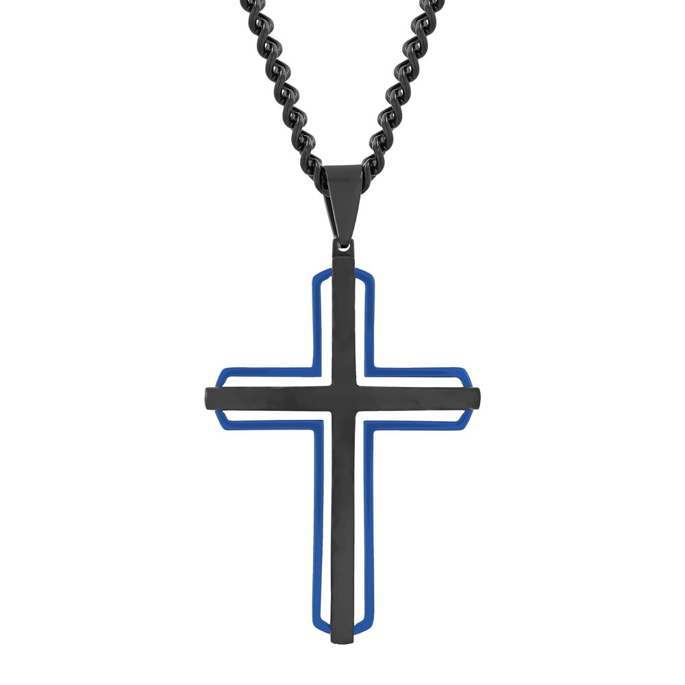 Stainless Steel 2 Layer Cross Pendant with Black Blue Finish on 24 Inch 4mm Chain