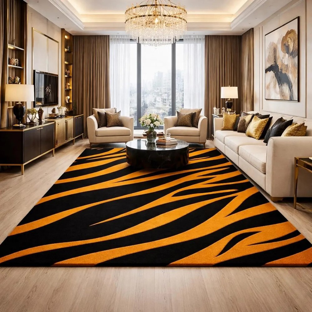 Modern Tiger Stripe Area Rug, Hand Tufted Wool Carpet, Bold Black Orange Decor