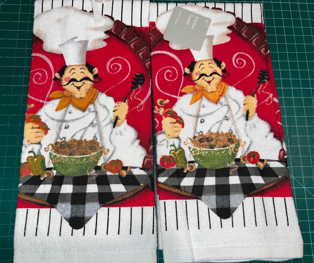 Set of 2 Italian Chef Pasta Terry Cotton Towels with Free US Shipping