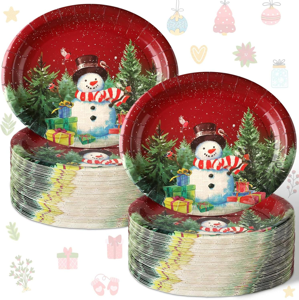 100 Pcs Christmas Snowman Plates Christmas Disposable Oval Paper Plates 10'' X 1