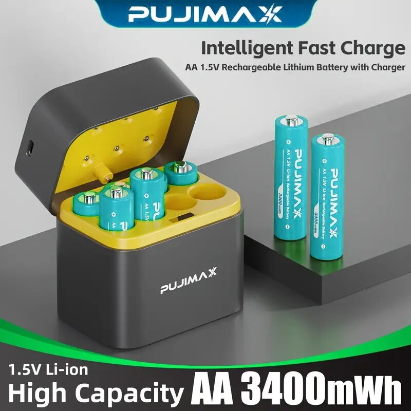 PUJIMAX 8 PCS 1.5V Rechargeable AA Lithium-ion Batteries 3400mWh + Charging Dock