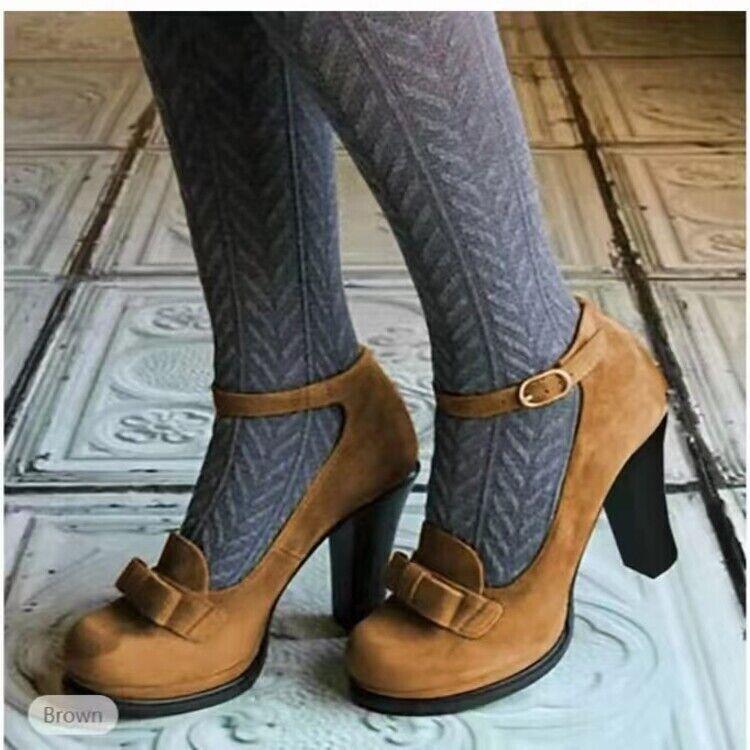 Round Toe Mary Jane Block Heel Pumps with Ankle Strap and Lolita Bow