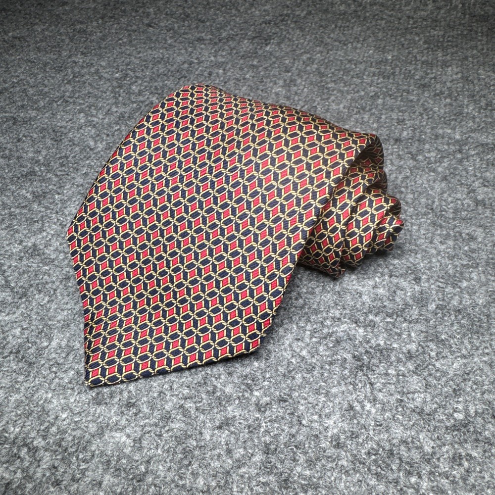 Brooks Brothers Makers Necktie Tie Red Gold Chain Link Geometric Silk Mens