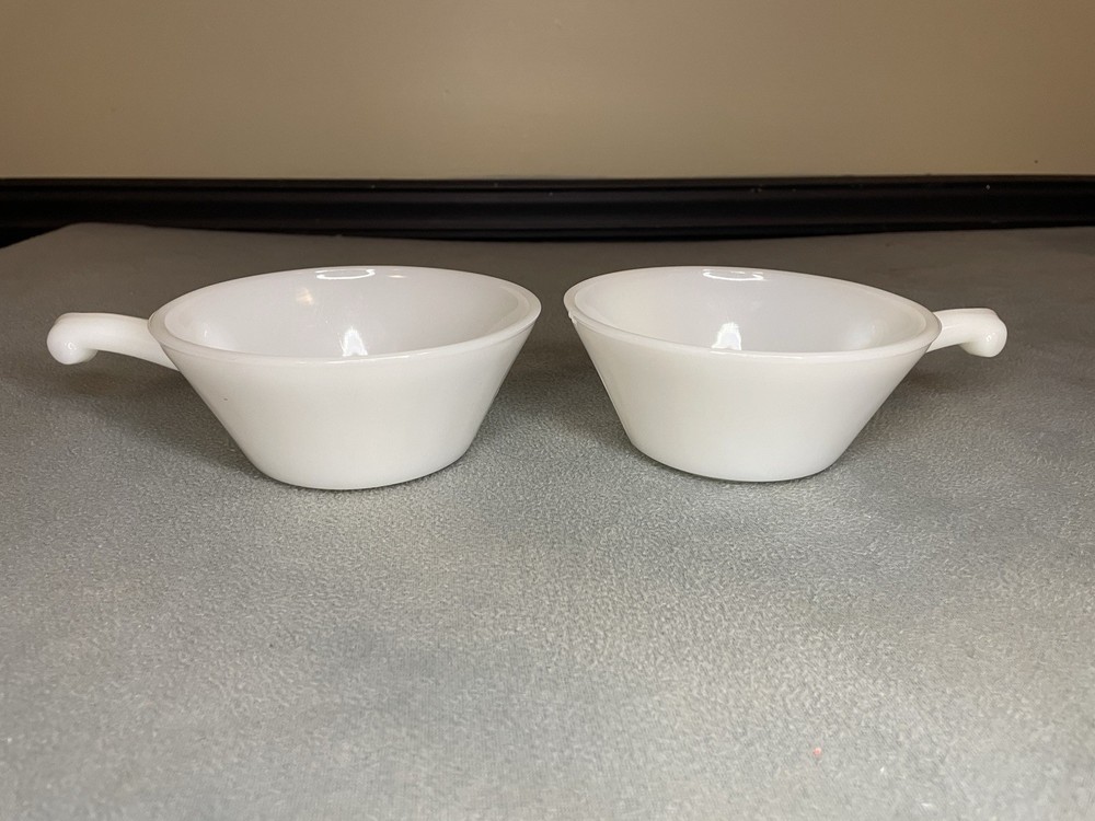 Vintage Fire King White Milk Glass Chili Bowls Set of 2 USA Lug Handle