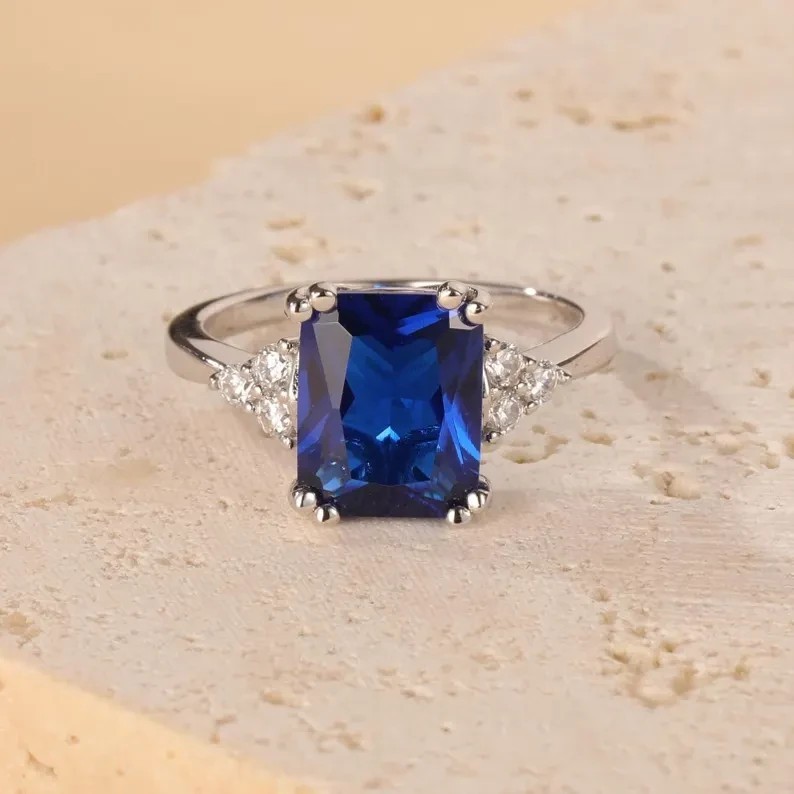 Emerald Cut Simulated Blue Sapphire Women's Wedding Ring 14K White Gold Plated