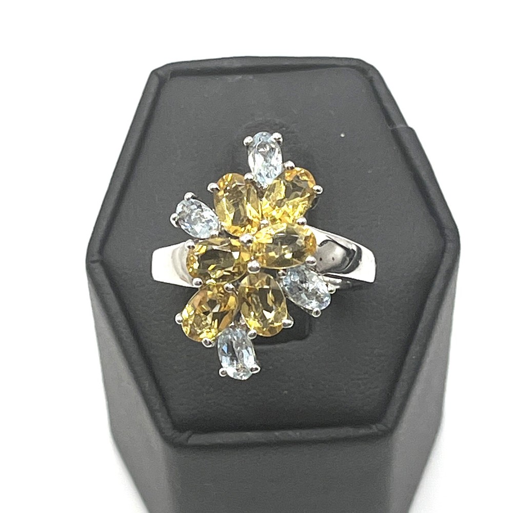 Stylish Sterling 925 Cocktail Cluster Ring with Topaz Citrine Flower Design Size 9 Signed Statement