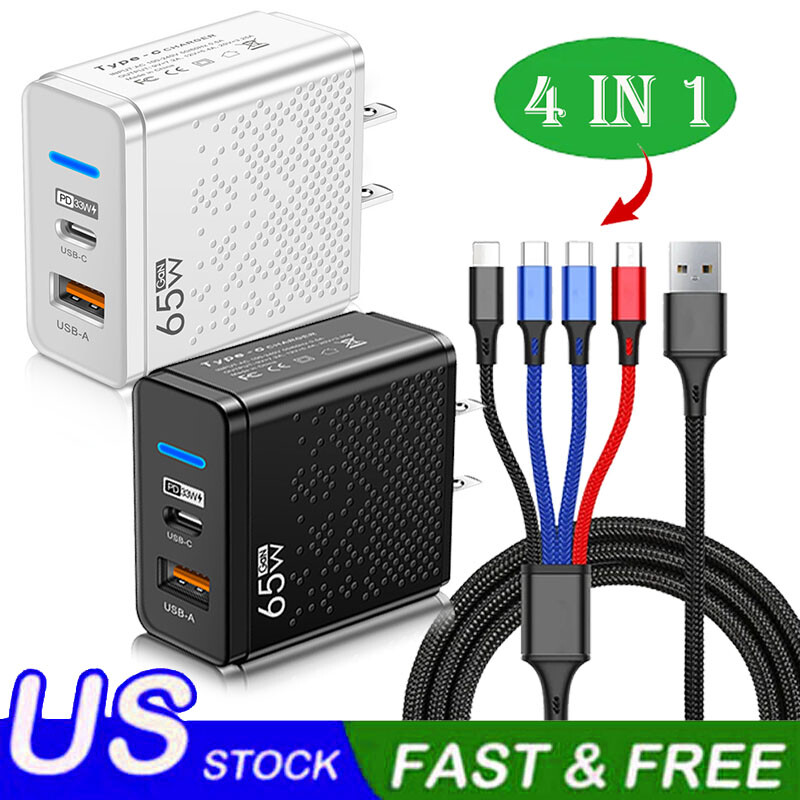 65W 2-Port USB C Fast Charger with 4-in-1 Cable for Phone iPad