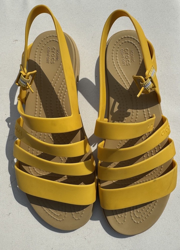 Crocs Women's Yellow Strappy Flat Sandals With Buckle Size 9