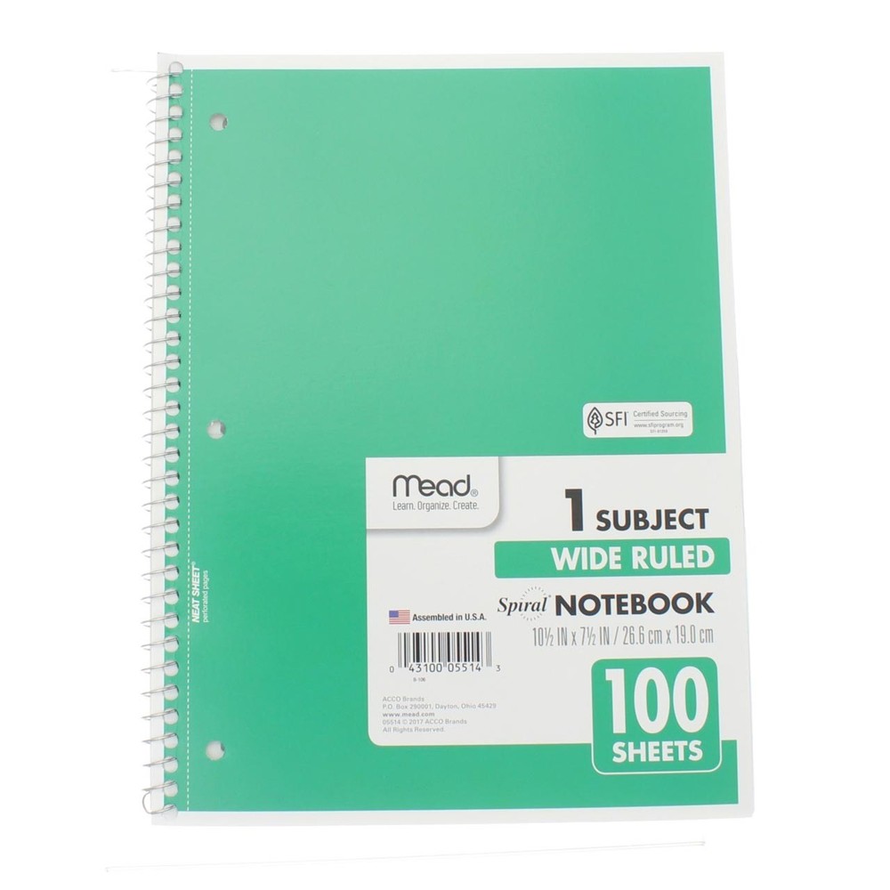 2 Pack Mead Spiral Notebook, Wide Ruled, 1 Subject, 100 Sheets