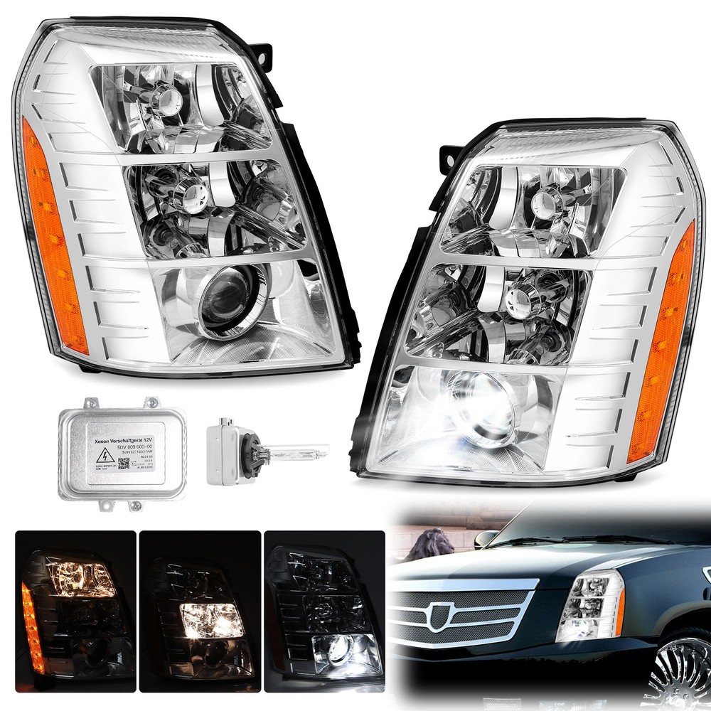 Chrome Amber Xenon Headlights w/Bulbs&ballast For 2007-2014 Cadillac Escalade