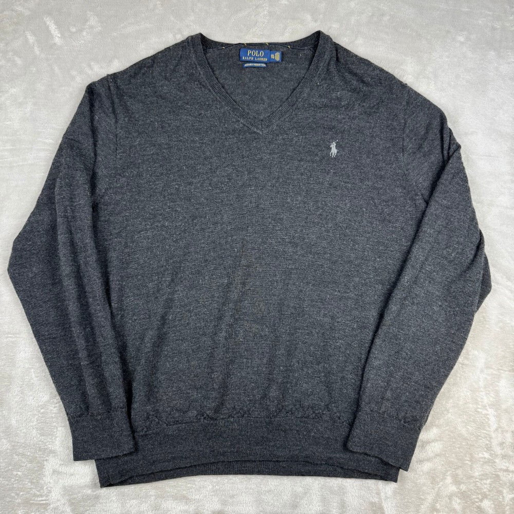 Men’s Size XXL Polo Ralph Lauren Washable Merino Wool V-Neck Sweater Gray