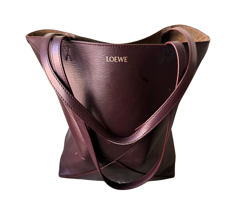 Authentic Loewe Puzzle Tote Burgundy Leather Geometric Panel Shoulder Bag