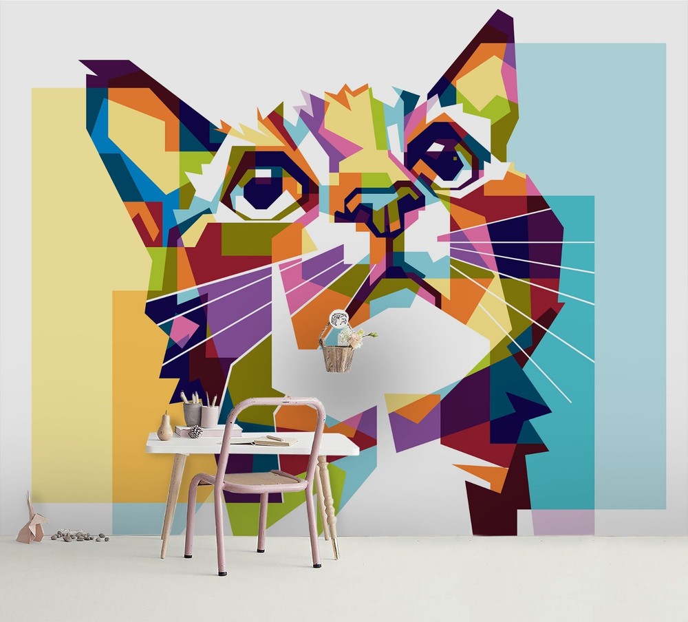 3D Geometry Cat Animal Watercolor Wall Murals Wallpaper Murals Wall Sticker