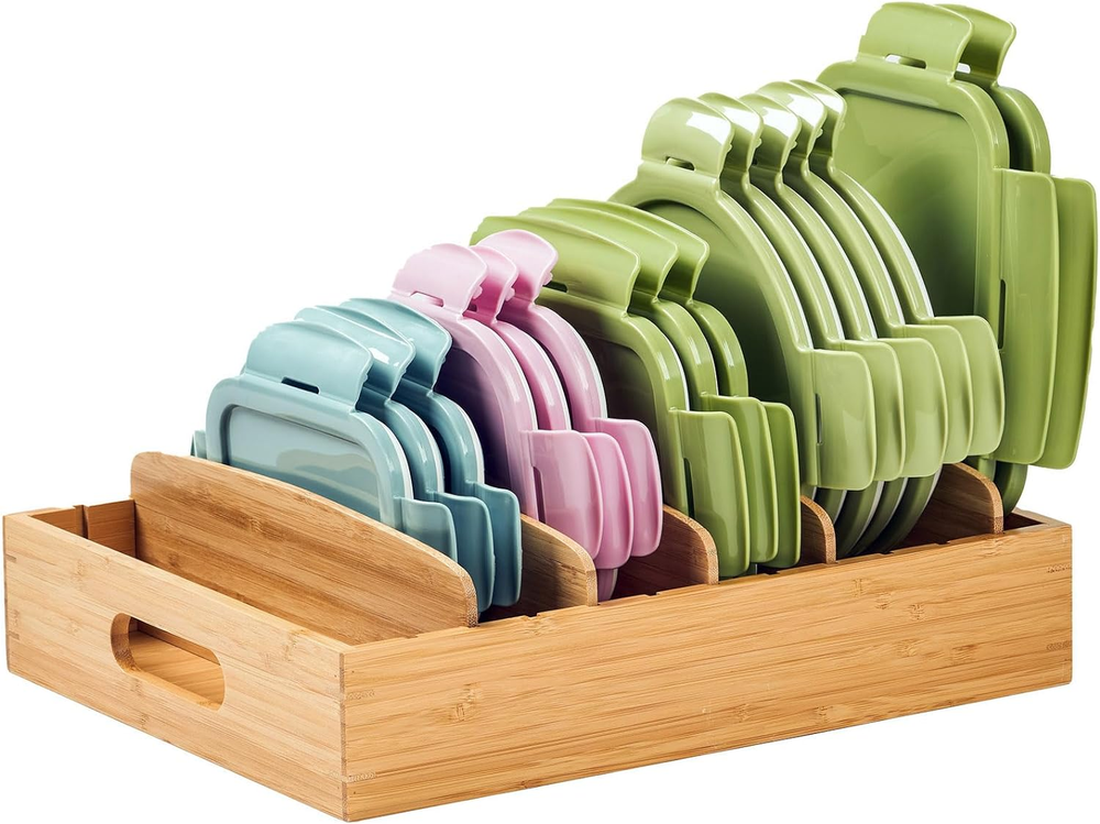 Adjustable Kitchen Cabinet Organizer for Food Storage Container Lids with Dividers