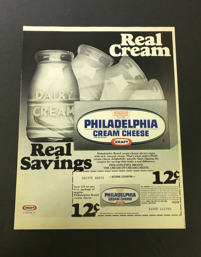 VTG 1981 Kraft Philadelphia Cream Cheese Pasteurized Ad Coupon Print-image